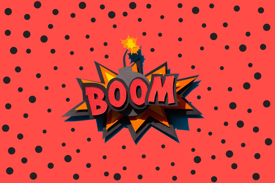 Paper cutting comic speech bubble on red background with dots. Boom. Bomb. 