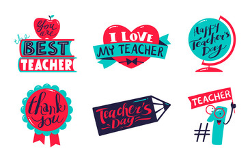 Icons Set for Happy Teachers Day Celebration with Decorative Elements Heart, Globe and Seal Stamp, Pencil and Number One with Typography Isolated on White Background. Cartoon Vector Illustration, Tags