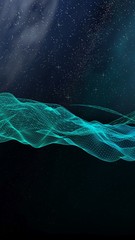 Abstract landscape on a dark background. Cyberspace grid. hi tech network. Outer space. Vertical orientation. Starry outer space texture. 3D illustration