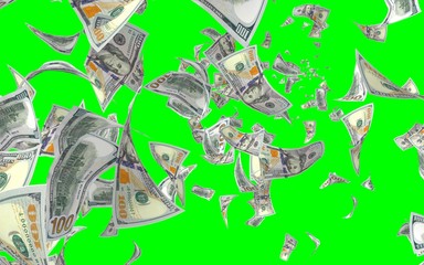 Flying dollars banknotes isolated on chromakey. Money is flying in the air. 100 US banknotes new sample. 3D illustration