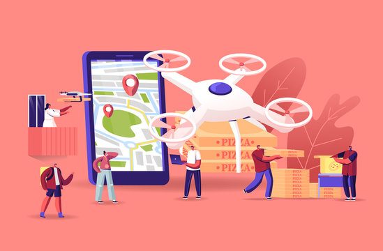 People Using Drones for Food Delivery. Quadcopters Bringing Pizza to Male and female Characters. Aerial Drone Remote Control, Futuristic Service Technologies, Lockdown. Cartoon Vector Illustration