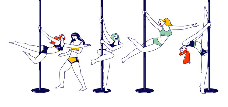 women pole dancing in line art style clip art preview