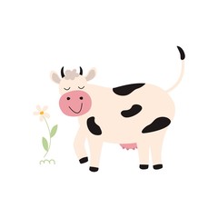 A cow with a flower in cartoon style isolated on a white background. Vector illustration for printing on fabric, paper, postcard, packaging with dairy products. Cute children's background.