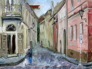 Old street in Tallinn center, oil painting