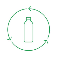 Recycle bottle sign. Green plastic bottle in a circle with arrows. Green outline on white background. Reusable glass bottle symbol. Recycling materials concept. Vector illustration, flat, clip art. 