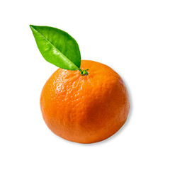 Orange mandarin with green leaf isolated on white background