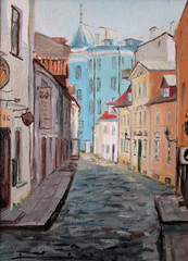 Old street in Tallinn center, oil painting