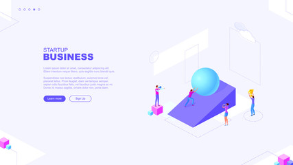 Trendy flat illustration. Startup business  page concept. Office workers planing business mechanism, analyze business strategy and exchange ideas.Template for your design works. Vector graphics.