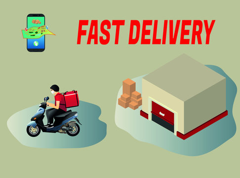 Online Delivery Concept. Man With Respiratoy Mask In A Scooter Delivering From A Warehouse Through A Smartphone App. Vector Illustration. Fast Delivery With Protection Mask.