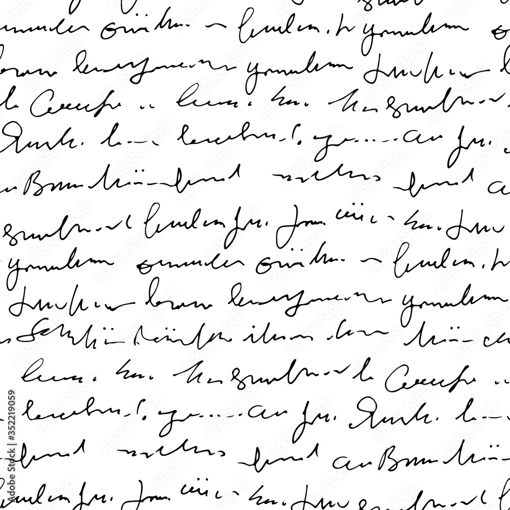 Poster Handwritten abstract text vector seamless pattern, vector monochrome script isolated on white background