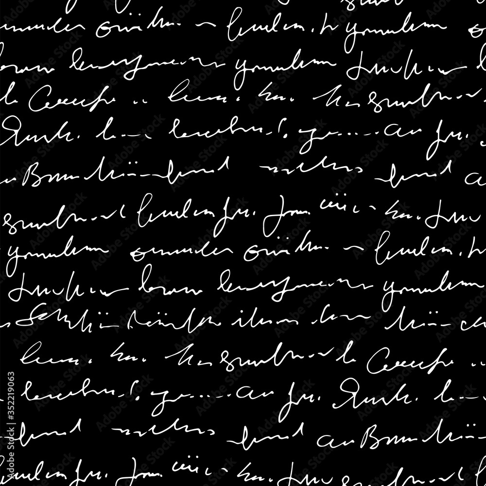 Poster Handwritten abstract text vector seamless pattern, vector monochrome script isolated on black chalk board background