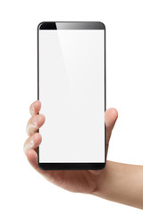Black smartphone with blank screen in hand, isolated on white background