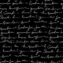 Handwritten abstract text vector seamless pattern, vector monochrome script isolated on black chalk board background