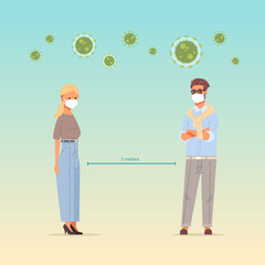 people wearing face masks man woman keeping 2 meters distance to prevent covid-19 social distancing coronavirus pandemic health care concept full length vector illustration