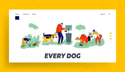 Obraz na płótnie Canvas Dog Owners Clean Up Feces After Pets on Street Landing Page Template. Characters Using Polyethylene Bag to Pick Up Excrements and Throw to Litter Bin, Responsibility. Linear People Vector Illustration