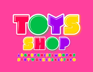 Vector colorful logo Toys Shop with Creative Font. Bright Alphabet Letters and Numbers for Kids