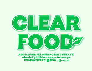 Vector sign Clear Food with Decorative Leaf. Modern Green Font. Glossy Alphabet Letters and Numbers