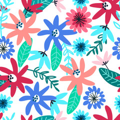 Seamless pattern with field flowers for textile, fashion design. Vibrant colors, white background. Night meadow concept