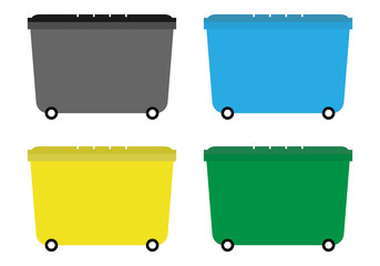 Contenedores gris, azul, amarillo y verde de basura.