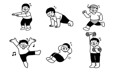 楽しそうに運動、体を鍛えるトレーニングウェア着用肥満男性セット（シンプル）