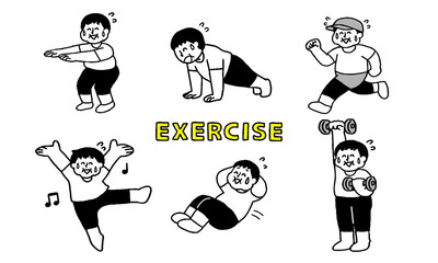 楽しそうに運動、体を鍛えるトレーニングウェア着用肥満男性セット文字付（シンプル）