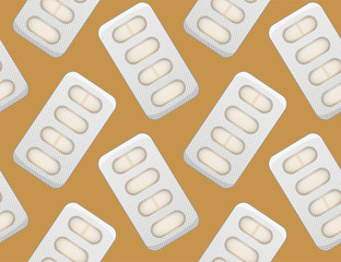 Blisters with oval beige pills seamless pattern on mustard background