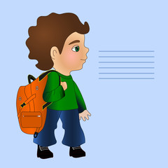 schoolboy stands with a backpack on his shoulder, color illustration on an isolated background with lining