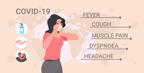 woman wearing face mask to prevent coronavirus 2019-ncov pandemic concept fever cough muscle pain dyspnoea headache symptoms infographic world map background portrait vector illustration
