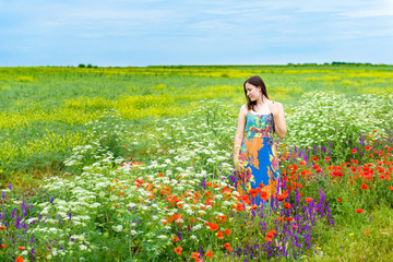 a brunette woman in a colored dress stands in a field with meadow flowers