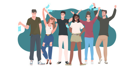 mix race people crowd taking off face masks celebrating victory over covid-19 coronavirus pandemic quarantine is ending horizontal full length vector illustration
