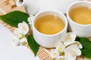 japanese tea ceremony. green tea with jasmine, top view closeup