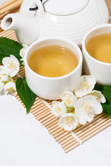 japanese tea ceremony. green tea with jasmine, vertical closeup