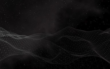 Black abstract background. Hi tech network. Cyberspace grid. Outer space. Starry outer space texture. 3D illustration