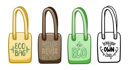 Multicolored textile eco bags with motivational ecology letterings set isolated illustration on white background