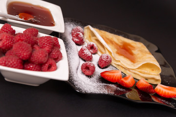 Pancake with fresh fruits and jam