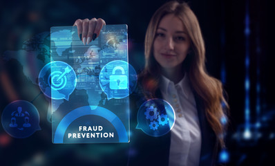 Business, Technology, Internet and network concept. Young businessman working on a virtual screen of the future and sees the inscription: Fraud prevention