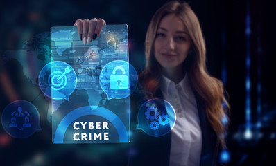 Business, Technology, Internet and network concept. Young businessman working on a virtual screen of the future and sees the inscription: Cyber crime