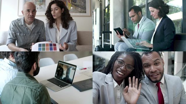 Colleagues working on projects together, communicating via conference chat, using digital devices. Mosaic series, multiscreen montage, collage portraits. Business during lockdown concept