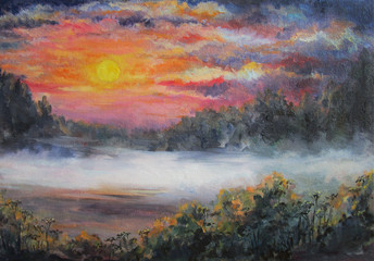 evening sunset, sun and clouds, oil painting