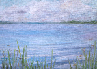Volga river in a sunny day, oil painting