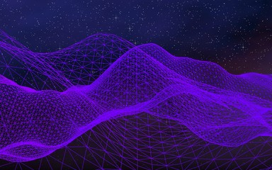 Abstract ultraviolet landscape on a dark background. Purple cyberspace grid. hi tech network. Outer space. Violet starry outer space texture. 3D illustration