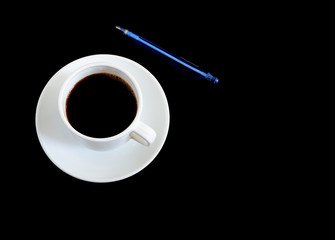 Coffee in a white mug with a handle. Above, on a black background. Suitable for background. Business. Mockup
