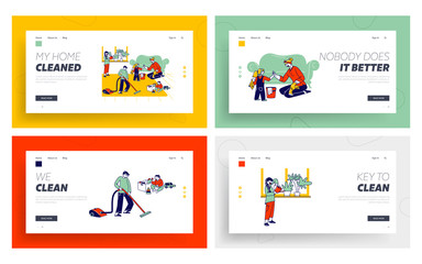 Obraz na płótnie Canvas Children Help Mother to Clean Home Landing Page Template Set. Kids Helpers Characters Household Activity Watering Plants, Vacuuming Floor, Dust. Family Weekend Chore. Linear People Vector Illustration