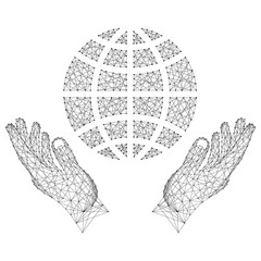 Globe, a schematic representation of the meridians and parallels and two holding, protecting hands from abstract futuristic polygonal black lines and dots. Vector illustration.