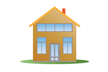 Simple cottage with two floors and a brick chimney, flat vector illustration.