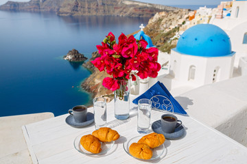 Morning coffee and croissants on the Santorini