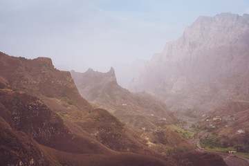 Scenic landscape in the mountains in sandy dust from sahara of Santo Antao island, Cape Verde