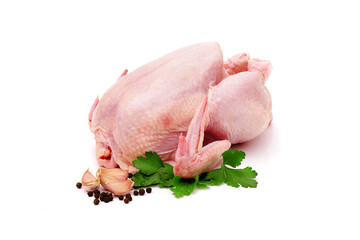 whole raw chicken carcass isolated on white background with parsley, pepper and garlic © asadykov