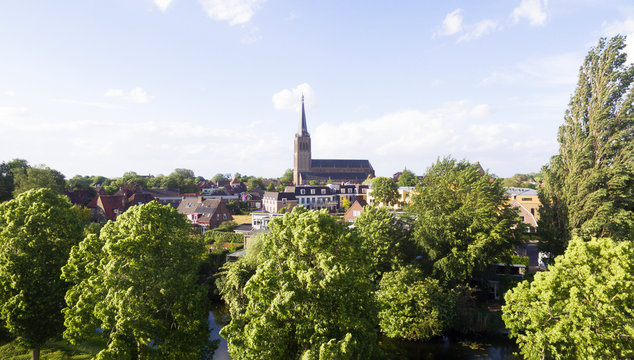 Aerial view on the Martini church in Doesburg