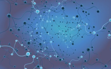 Neural network. Social network. Futuristic blue background. Abstract molecule, cell illustration, mycelium. Hi tech purple background. 3D illustration